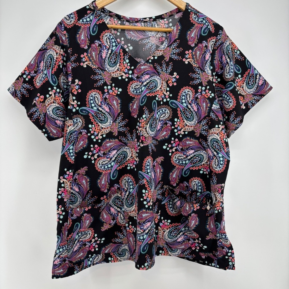 Vera Bradley Paisley Print V-Neck‎ Scrub Top Women XL Black-Multi Pockets V6117